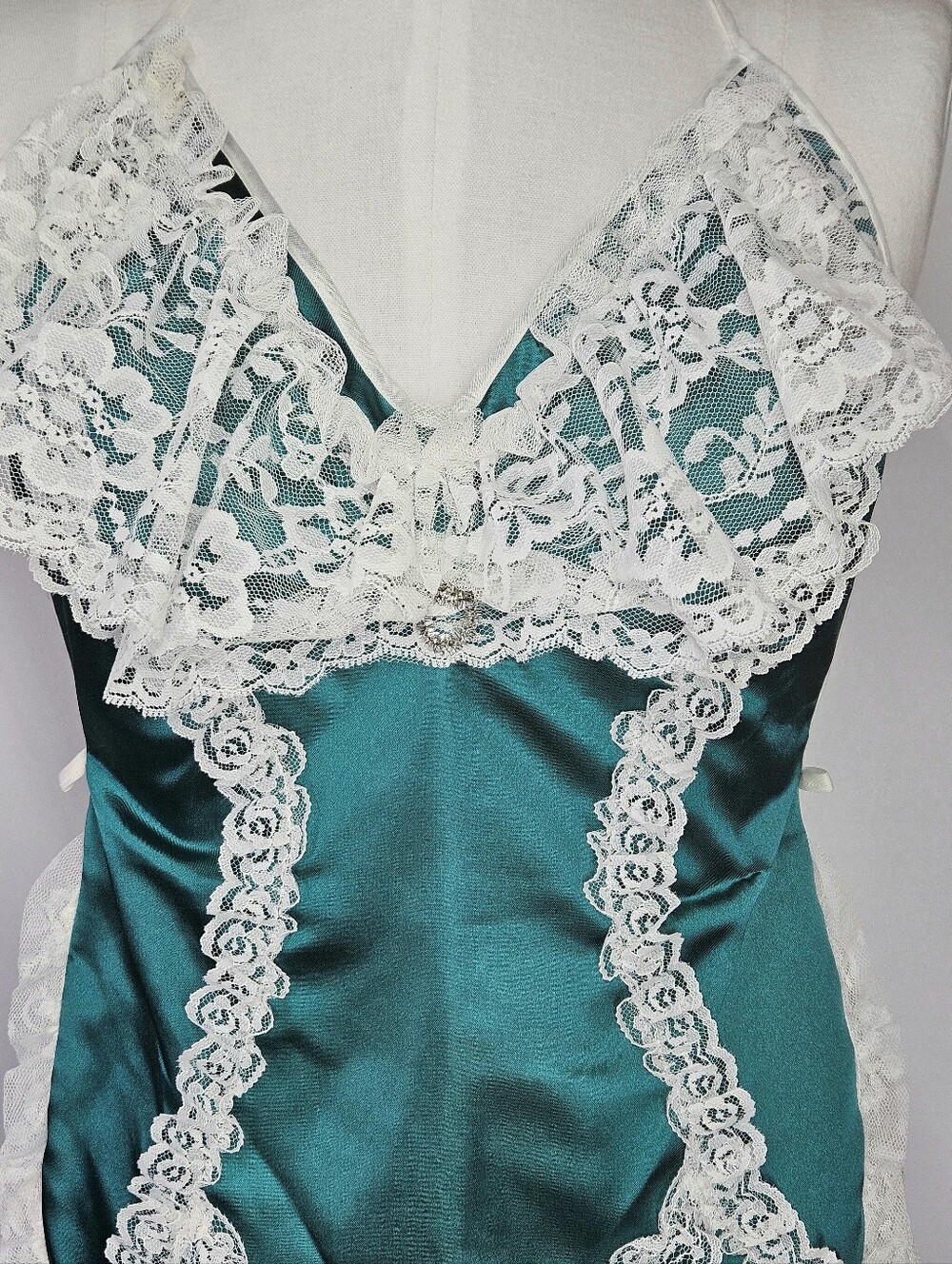 Lingerie Apron XS-XL OS Vintage 80s Novelty Satin Lace Tie Emerald Green White - Picture 4 of 6